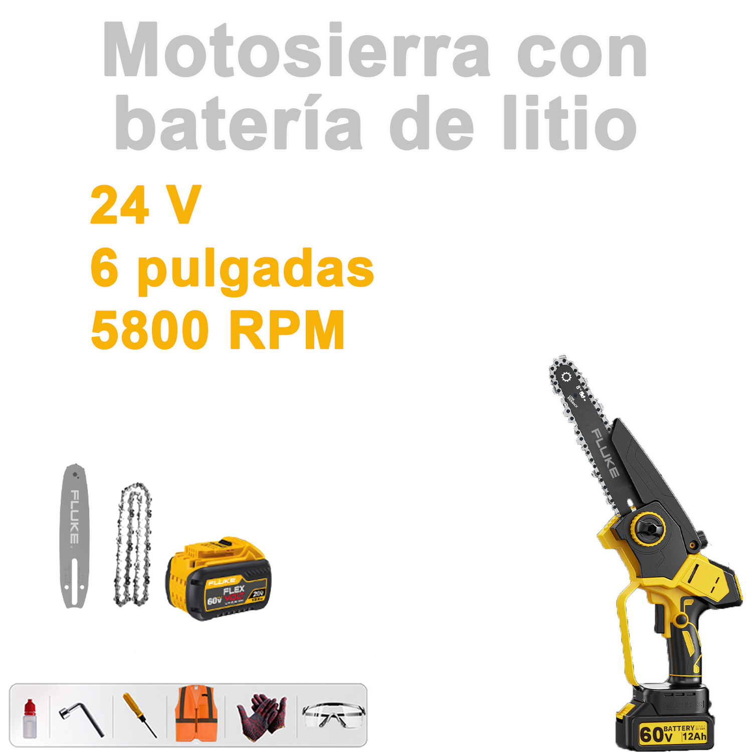 Motosierra con batería de litio Fluke (24 V+5800 RPM+6 pulgadas)+placa guía de repuesto*1+cadena de repuesto*1+batería de repuesto*1+juego de herramientas simple*1