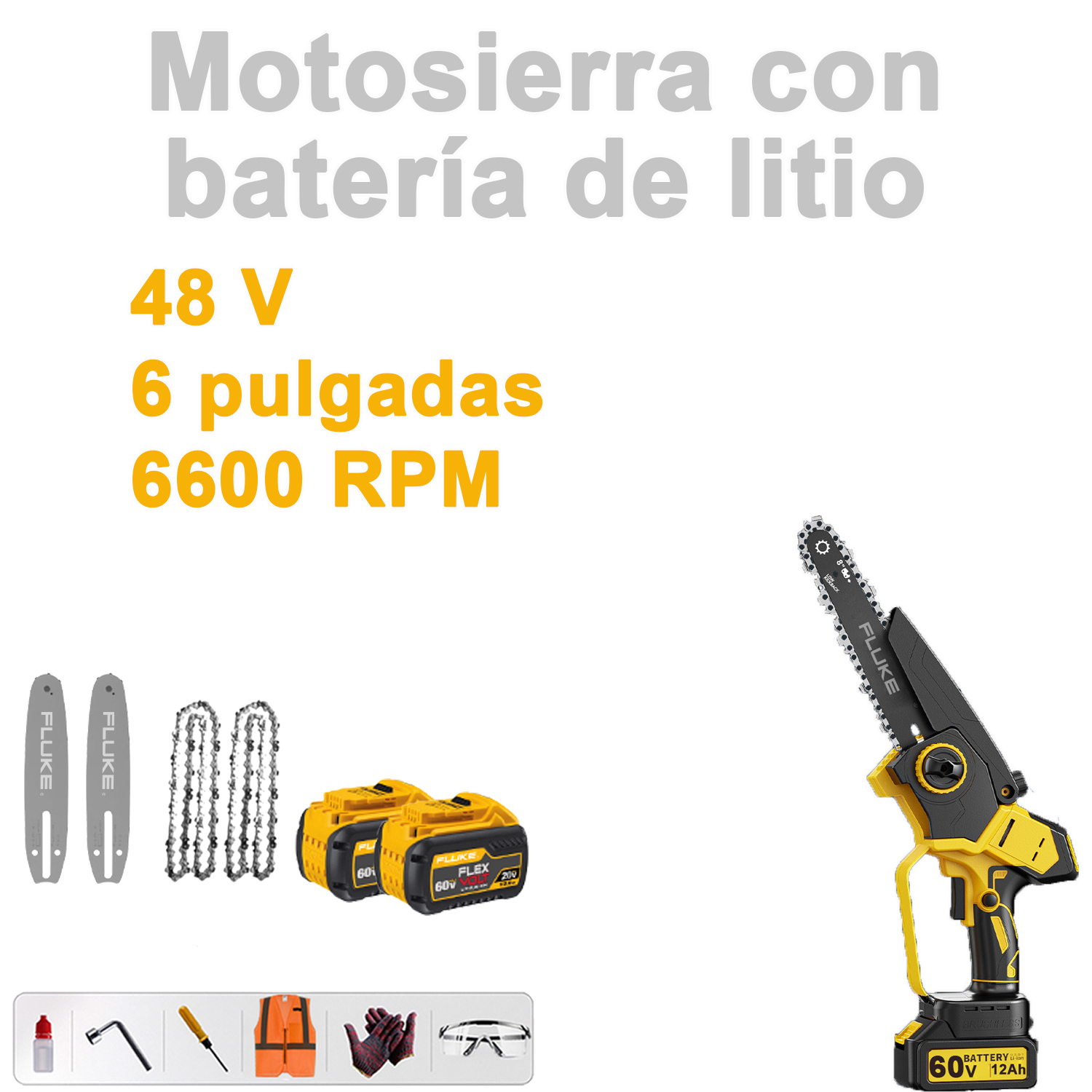 Motosierra con batería de litio Fluke (48V+6600RPM+6 pulgadas)+placa guía de repuesto*2+cadena de repuesto*2+batería de repuesto*2+juego de herramientas simple*1