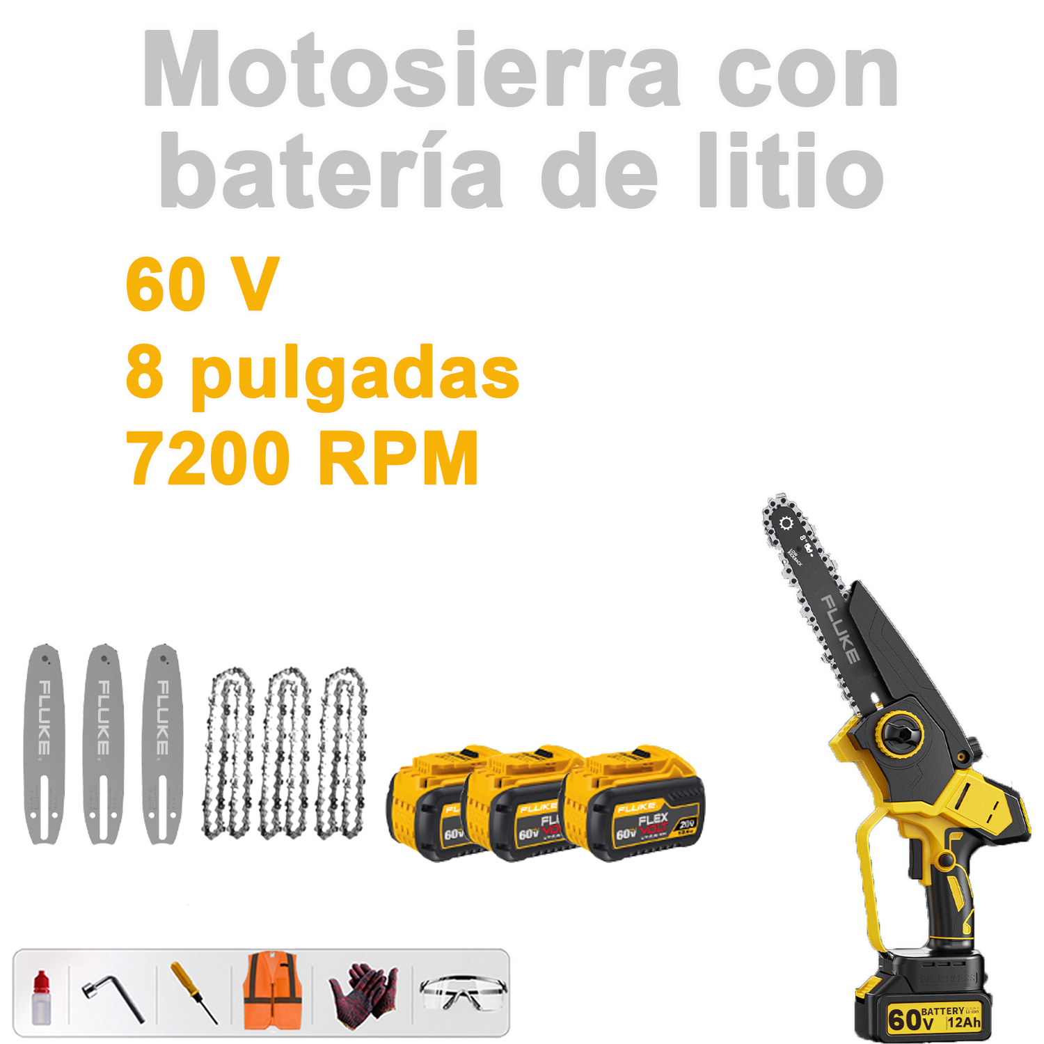 Motosierra con batería de litio Fluke (60V+7200RPM+8 pulgadas)+placa guía de repuesto*3+cadena de repuesto*3+batería de repuesto*3+juego de herramientas simple*1